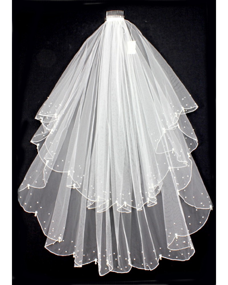 Veil - Pearl Embellishment - Multiple Layers with Finished Hem - 40" - VL-V127IV